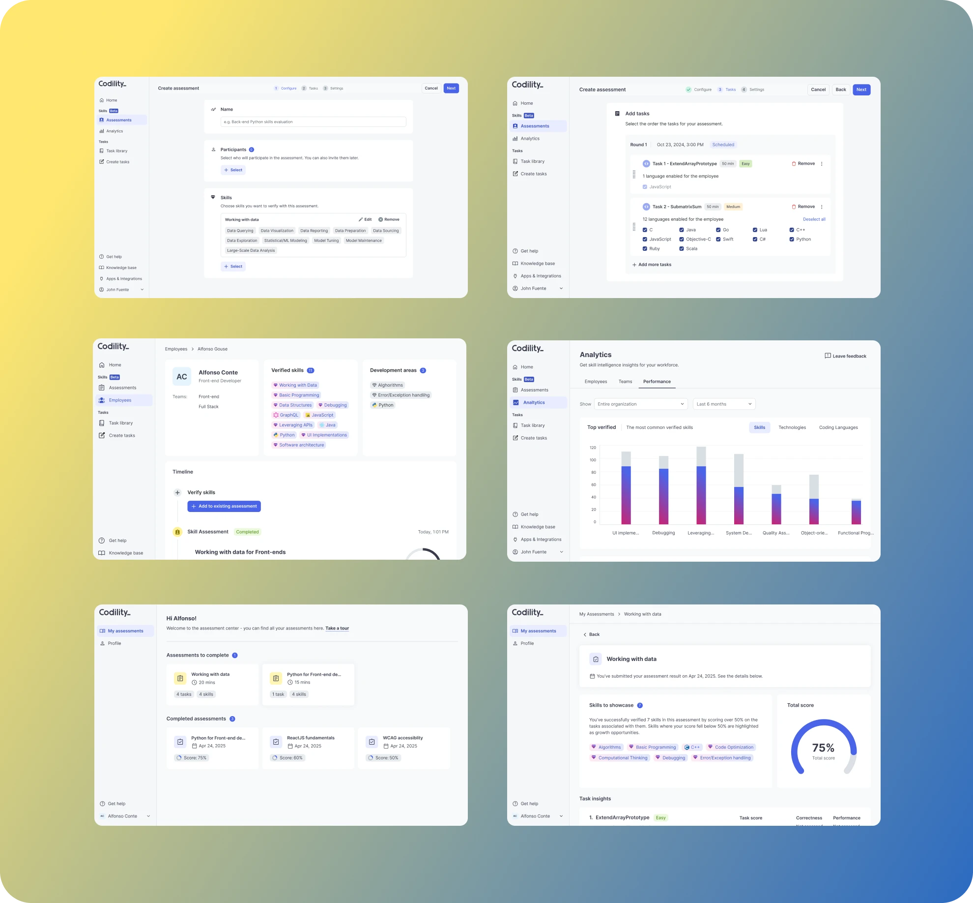 MVP screens: assessment setup, task selection, employee skill profile, analytics dashboard, employee portal, and assessment results