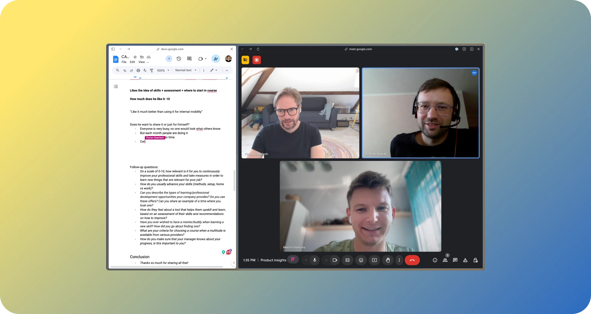 Remote discovery interview with interview notes open alongside the video call