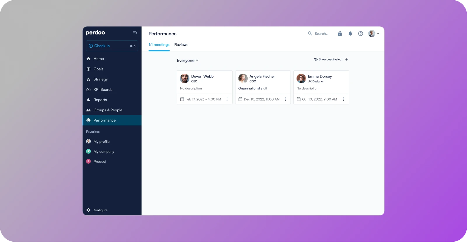 1:1 meeting view with agenda items, notes, action items, and OKR/KPI context panel.