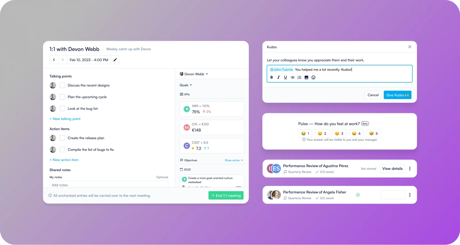 Hero collage showing: (1) performance review cycle, (2) goal-aware 1:1 agenda, (3) kudos feed, (4) pulse survey results.
