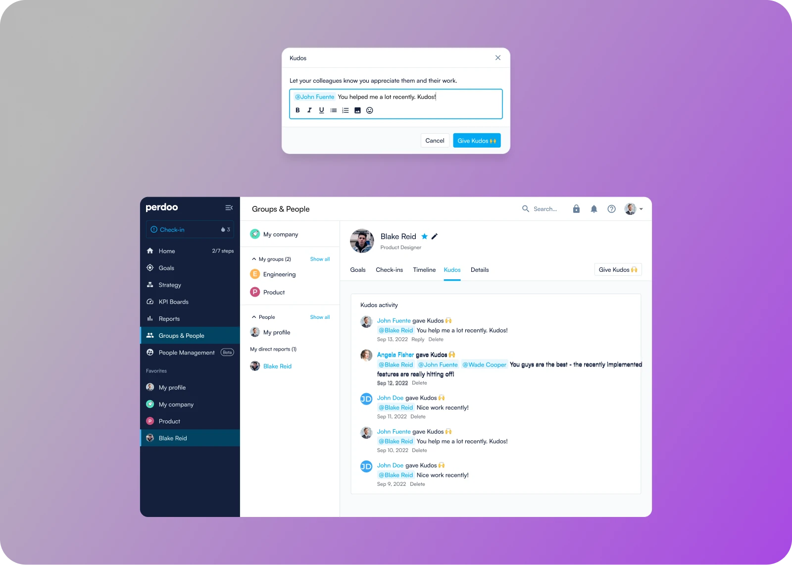 Kudos feed showing recognition cards linked to company values and related objectives.