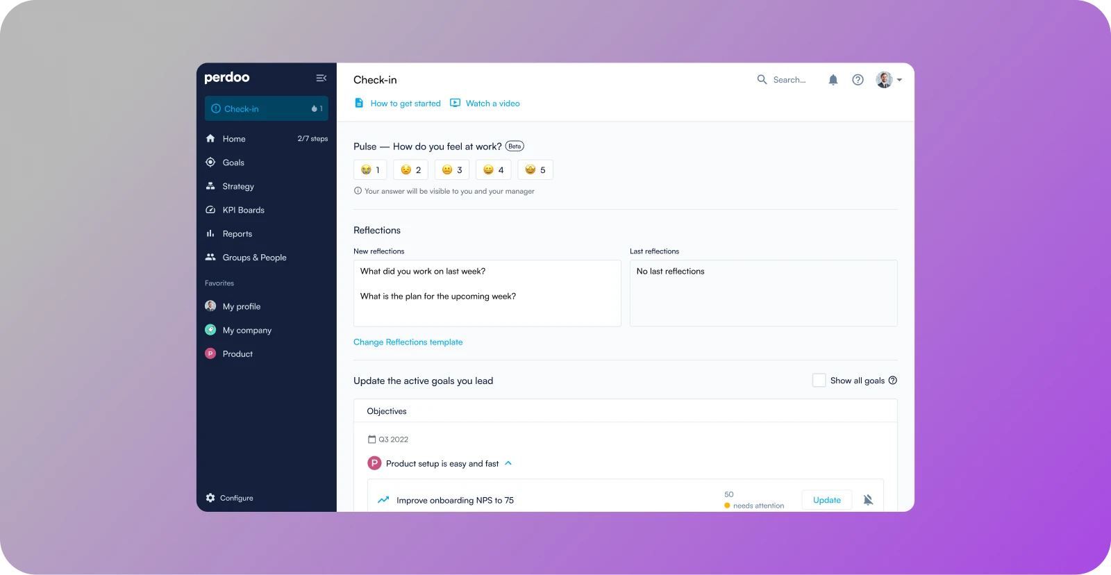 Pulse embedded in check-ins: 1-5 morale score with an optional note, surfaced as lightweight sentiment insight.