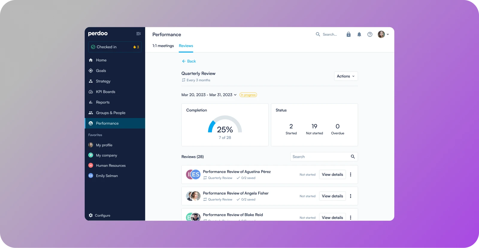 Performance review flow showing self-review and manager review with linked OKRs/KPIs and progress history.
